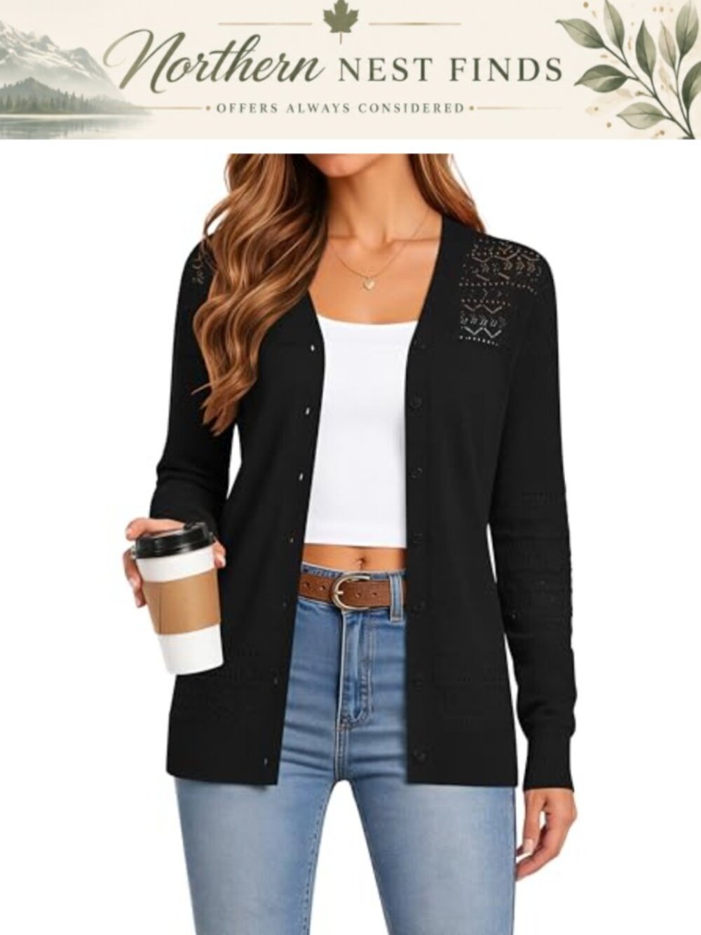 Womens V-Neck Crochet Cardigan Lightweight Long Sleeve 100% Viscose Sweater